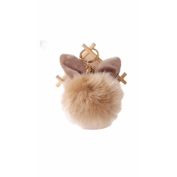 Tortilla Brown Bunny Ears Fur Ball Keychain Charm With Plush Key Holder - Picture 1 of 6